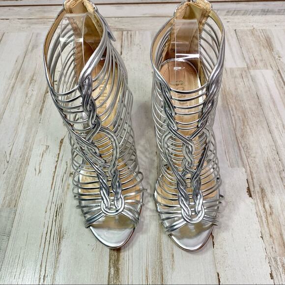 Schutz Margaery Metallic Strappy Sandal Womens Size 6B Silver Stiletto Caged - Picture 5 of 14